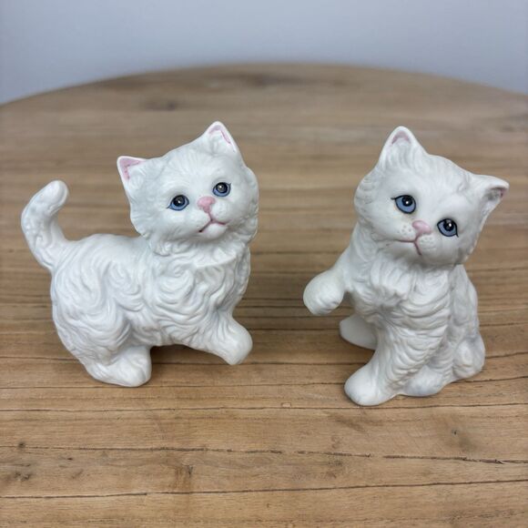 Homco Other - Vintage Homco White Kitten Cat Figurines Pair Porcelain Blue Eyes Granny Cottage